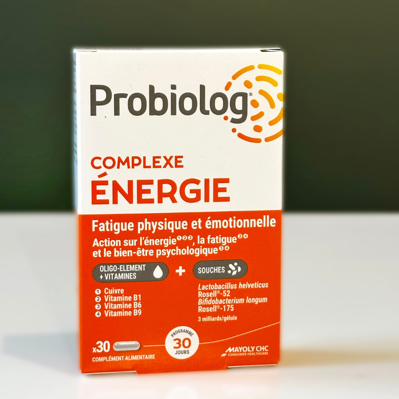 Probiolog Complexe Energie posé sur un support blanc