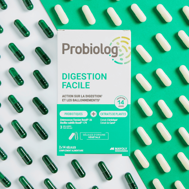 Probiolog DIGESTION FACILE et ses deux gélules, une de souche et une de plantes