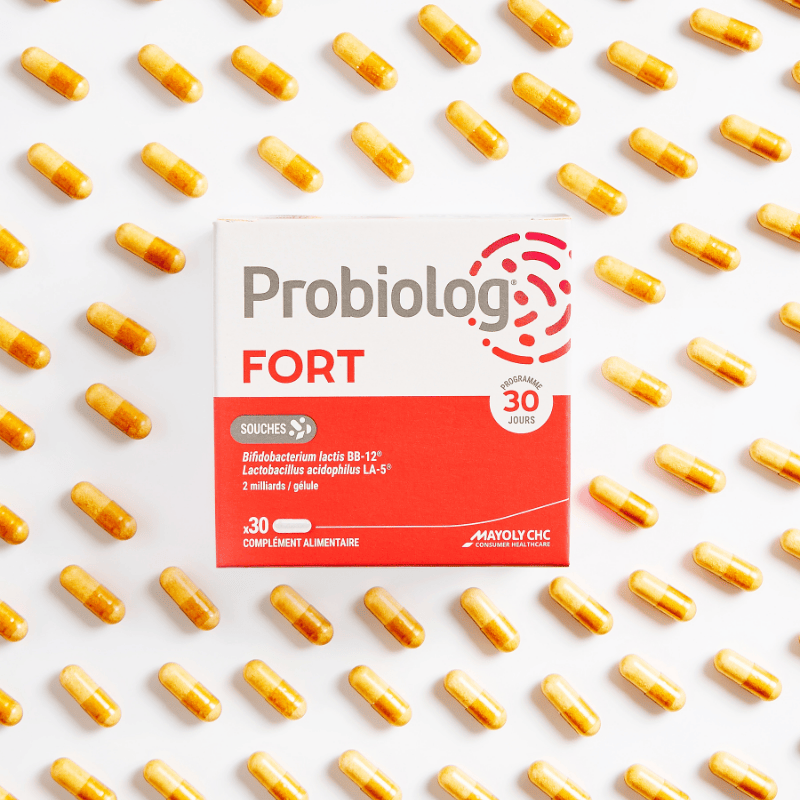 Probiolog FORT entouré de sa gélule et sa matrice de protection gastrique